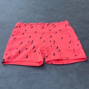 Oiselle Coral Athletic Shorts with Navy Bird Design